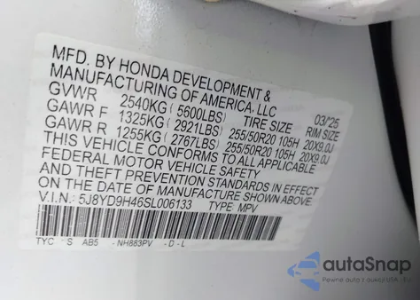 2025 Acura Mdx Technology Package from USA, damaged, VIN 5J8YD9H46SL006133